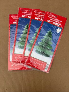 Lot of 4 Vintage Cleo Honeycomb Tissue Christmas Tree Centerpieces 12” NOS NIP